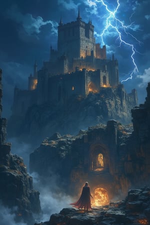 A dramatic, atmospheric shot of LOGO features a colossal, decrepit fortress precariously situated atop a rugged mountain peak, shrouded by ominous, churning storm clouds. A brilliant lightning strike casts deep shadows across the weathered stone walls, as howling winds reverberate through the deserted halls. Amidst the turmoil, a solitary figure stands resolute on the battlements, their flowing cape dramatically sweeping in the tempestuous gusts, rendered in bold, vivid hues,Midjourneyart