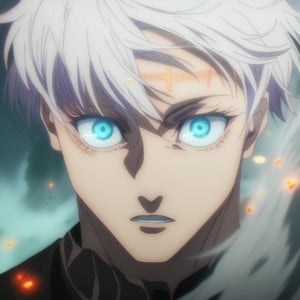 (masterpiece), (best quality), newest, (intricate details, very aesthetic), good hands, fine_ascxl, anime screencap,1boy, satorugojo, white hair, short hair,solo, looking at viewer, short hair, open mouth, bangs, blue eyes, 1boy, hair between eyes, white hair, male focus, black shirt, glowing, scar, portrait, close-up, embers, eye focus,kimetsu_no_yaiba_style