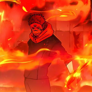 solo, smile, short hair, red eyes, 1boy, school uniform, male focus, hood, hoodie, tattoo, facial mark, hood down, fire, spiked hair, magic, aura, facial tattoo, red theme, flame, red hoodie, itadori yuuji, ryoumen sukuna \(jujutsu kaisen\),Jujutsu Kaisen Season 2 Anime Style