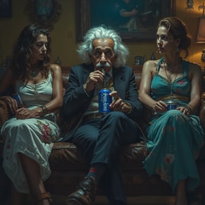 A cinematic details picture of Albert Einstein sitting with two womens drinking a blue can of cola with the words Facebook written on it,Midjourneyart