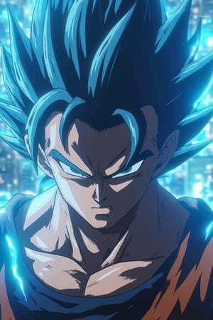 a cinematic close-up of Vegito from *Dragon Ball*, focusing on his striking blue spiked hair. The image should capture the intensity of his expression, with the vibrant blue of his Super Saiyan Blue hair standing out sharply. The background should be slightly blurred to emphasize the detailed textures of his hair and his fierce gaze. Lighting should be dramatic, highlighting the contours of his face and the glowing energy around him, giving the photo a high-impact, cinematic quality,Niji journey