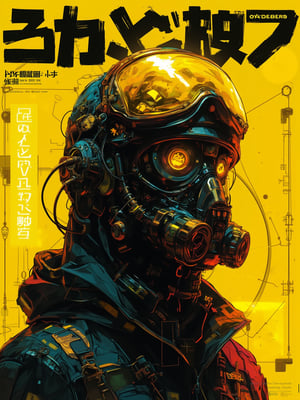 A magazine poster cover with a neo-cyberpunk theme, street-anime art style, featuring a character in a head length view, wearing a high-tech gas mask and cyber goggles, with a vivid yellow background. The background includes abstract geometric shapes and neon signs in Japanese, creating a futuristic urban vibe. Bold and dynamic lighting, with high contrast and neon glow. Created Using: digital art techniques, manga influences, cyberpunk aesthetics, high detail rendering, bold outlines, neon color palette, modern design software, urban street elements, HD quality,Midjourneyart