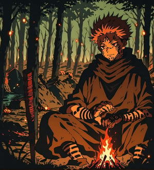 ((masterpiece)),high quality,8k, details, cinematic lights,a close-up picture of ryomen sukuna,pink spiked hair,red eyes,face tatto,wear white kemino,blqck scarf,Sitting in a forest in a camp near a camp fire looking at the fire, Ghibli style,Niji journey