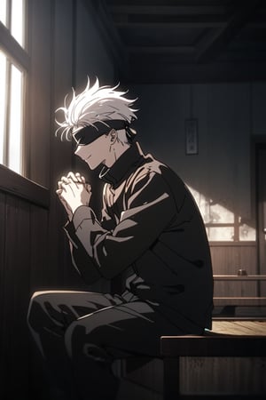 solo, smile, short hair, long sleeves, 1boy, sitting, closed mouth, jacket, white hair, male focus, pants, indoors, black jacket, window, black pants, sunglasses, own hands together, facing viewer, backlighting, high collar, blindfold, black blindfold, gojou satoru, satorugojo,AoT_OP_STYLE