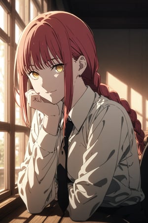 1girl,makima_v1, solo, looking at viewer, smile, bangs, shirt, long sleeves, yellow eyes, white shirt, upper body, braid, sidelocks, red hair, necktie, collared shirt, indoors, medium hair, window, sunlight, light smile, head rest, braided ponytail, ringed eyes, makima \(chainsaw man\),AoT_OP_STYLE