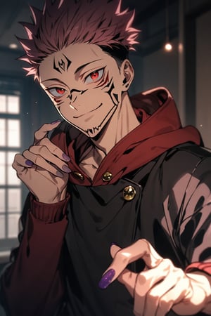 solo, looking at viewer, smile, short hair, black hair, red eyes, long sleeves, 1boy, brown eyes, closed mouth, school uniform, jacket, upper body, pink hair, male focus, indoors, hand up, hood, nail polish, black jacket, hoodie, tattoo, facial mark, spiked hair, purple nails, gakuran, undercut, facial tattoo, red hoodie, itadori yuuji, ryoumen sukuna \(jujutsu kaisen\),AOT_STYLE