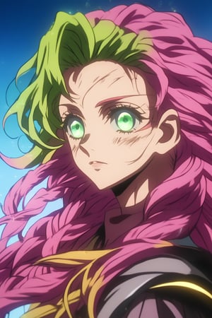 score_9,score_anime,anime screencap,nijiv6,mitsuri kanroji,braid,gradient hair,green eyes,green hair,long hair,mole,mole under eye,multicolored hair,pink hair,NijiEX style,SDXL_Niji_v6