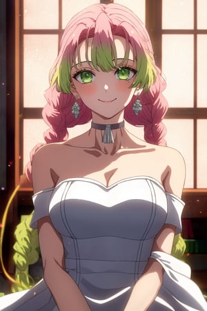 1girl, solo, long hair, breasts, looking at viewer, smile, bangs, dress, cleavage, bare shoulders, jewelry, medium breasts, sitting, closed mouth, green eyes, collarbone, pink hair, braid, short sleeves, multicolored hair, earrings, green hair, alternate costume, choker, puffy sleeves, indoors, off shoulder, twitter username, white dress, mole, two-tone hair, mole under eye, window, strapless, gradient hair, off-shoulder dress, white choker, kanroji mitsuri,Anime_journey_style