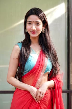 A 30 years old girl ,raw photo, realistic, thick waist, slim body, small smile, long straight brown hair,with beautiful earnings, movie scene, cinematic, high-quality, ultra-detailed, professionally color graded, professional photography. ( soft light:1.2), (volumetric:1.1), well-lit, double exposure, award-winning photograph , blouse ,Indian,Saree,tamannah bhatia,Soojin,1 girl, open clevege 