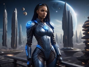 Mirona Thetin, black braided hair, velvety brown skin, proud, imperator pose in blue-silver combat suit, emblem with 2 galaxies on breast, futuristic city, photo realistic,scifiurban