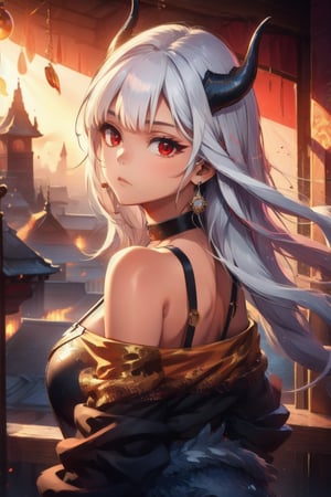 1girl, solo, long hair, looking at viewer, bangs, red eyes, bare shoulders, jewelry, closed mouth, upper body, white hair, earrings, horns, choker, looking back, blunt bangs, off shoulder, black choker, piercing, ear piercing, dragon horns, dragon, eastern dragon