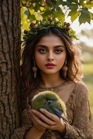  A beautiful indian woman, near a tree, holds a beautiful fluffy bird in her hands. The woman has a beautiful face, pale radiant skin, large emerald eyes, thick long eyelashes, makeup with an emphasis on the eyes. An outfit made of the texture of tree bark, brown hair intertwined with tree branches, earrings made of acorns, a green wreath of twigs and leaves. Photorealism, large 3d strokes, deep shadows, fantasy, delicate juicy colors, highlights, radiance, shine.