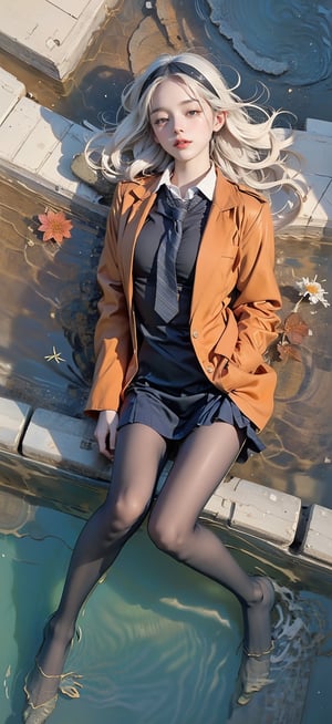 (super detailed), (beautiful background, detailed background),One girl, lying on the water, eyes closed, relaxed, fish around, weeds,(above shot:1.5), green eyes,white hairband, military uniform, short necktie, double-breasted, buttons, long sleeves, red jacket, orange necktie,aazero2,full body,black pantyhose