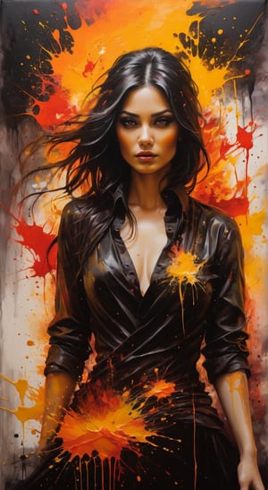 A dark fantasy portrait, dominated by warm hues of orange, yellow, and red. The artwork features splatters and blends of these vibrant colors, creating a sense of movement and energy. The entire canvas appears wet, with the colors merging and blending in various areas, forming a dynamic and fluid appearance. The overall atmosphere of the painting is mysterious and evocative, drawing the viewer into its hauntingly beautiful world., dark fantasy