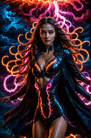 beautiful Indian girl, 23 year old, A visually striking dark fantasy portrait of a majestic girl galloping through a stormy, fiery landscape. The girls's glossy black coat is a stark contrast to its vivid, flame-like mane and tail, which seems to be made of real fire. Its glowing, fiery hooves leave a trail of embers behind, while its intense, glistening eyes reflect a fierce, unbridled energy. The background features a haunting, stormy red sky filled with ominous lightning, adding to the overall sense of mystique and intrigue. This captivating image blends the mediums of photo, painting, and portrait photography to create a unique, conceptual art piece.

