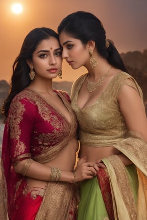 closeup photo, 2 Indian girls, having romance, lesbian couple, 
kissing, romantic_mood , 21 year old, sexy sari without blouse, standing breve in epic pose, burning sky above him,  red lips, epic light, beautiful face, large eyes, green eyes, large breasts, deep cleavage, sexy pose, long hair, red hair,  brave and beautiful, worrier, 