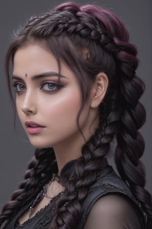 beautiful Indian girl, 23 year old, Highy detailed image, cinematic shot, (bright and intense:1.2), wide shot, perfect centralization, side view, dynamic pose, crisp, defined, HQ, detailed, HD, dynamic light & pose, motion, moody, intricate, 1girl, pink curly hair in elaborate braids and pony tails, (((goth))) light pink eyes, black roses in hair, attractive, clear facial expression, perfect hands, emotional, hyperrealistic inspired by necronomicon art, fantasy horror art, photorealistic dark concept art
,goth person