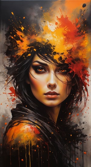 A dark fantasy portrait, dominated by warm hues of orange, yellow, and red. The artwork features splatters and blends of these vibrant colors, creating a sense of movement and energy. The entire canvas appears wet, with the colors merging and blending in various areas, forming a dynamic and fluid appearance. The overall atmosphere of the painting is mysterious and evocative, drawing the viewer into its hauntingly beautiful world., dark fantasy