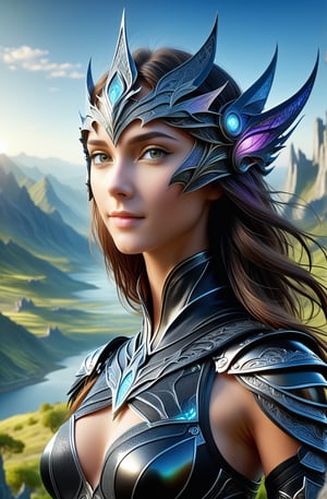 ultra realistic, best quality, cinematic, ultra detailed picture of beautiful female wearing an intricate form-fitting black leather armour and matching crown, ((boobs exposed)) perfect boobs, smiling, mountain landscape with a distant elvish city, outdoors, sharp focus, work of beauty and complexity invoking a sense of magic and fantasy, 8k UHD, colorful aura, glowing, upper body, very small breasts, looking at viewer, (((smooth lips, closeup))),Insta Model,style,DonMW15pXL