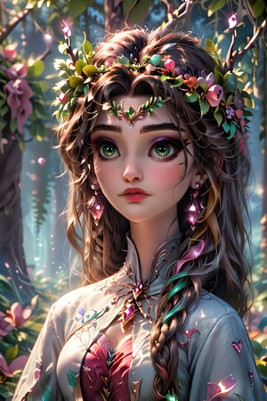  A beautiful indian woman, near a tree, holds a beautiful fluffy bird in her hands. The woman has a beautiful face, pale radiant skin, large emerald eyes, thick long eyelashes, makeup with an emphasis on the eyes. An outfit made of the texture of tree bark, brown hair intertwined with tree branches, earrings made of acorns, a green wreath of twigs and leaves. Photorealism, large 3d strokes, deep shadows, fantasy, delicate juicy colors, highlights, radiance, shine.