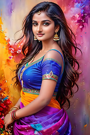 An enchanting 8K oil painting masterpiece, (A vibrant and youthful woman, 18 years old, her hair artfully tousled:1.3), Exquisitely portraying her perfect face with soft, flawless skin, adorned with a delightful blend of blue, yellow, light purple, and violet hues, accentuated with hints of light red, (An intricate celebration of beauty:1.3), Every detail meticulously crafted in a mesmerizing display of colors, resembling a stunning splash screen, (An 8K resolution masterpiece that captivates the eye:1.3), A cute face brought to life in the realm of art, destined to grace ArtStation's digital painting hall of fame, (A smooth and artistic portrayal that defies convention:1.3),Indian Model, full body, wearing sexy indian dress, big tight breasts, cleavage, tummy, exposed_navel,