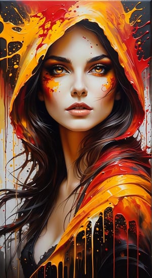 A dark fantasy portrait, dominated by warm hues of orange, yellow, and red. The artwork features splatters and blends of these vibrant colors, creating a sense of movement and energy. The entire canvas appears wet, with the colors merging and blending in various areas, forming a dynamic and fluid appearance. The overall atmosphere of the painting is mysterious and evocative, drawing the viewer into its hauntingly beautiful world., dark fantasy