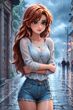 A 22-year-old redhead Indian girl, dressed in a white blouse with an open neckline and denim shorts, stands confidently on the rain-soaked streets of Moscow during a dramatic sunset. The warm orange hues of the sky contrast with the gray-blue rain clouds, creating a moody atmosphere. Her gaze is directed forward, her long hair blowing gently in the wind as she wears no umbrella, embracing the elements. The street's wet pavement glistens, reflecting the vibrant colors of the scene.