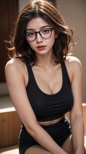 an athletic girl, SlightMuscle, yoga shorts, realistic, muscular beautiful girl, athlete, cinematic lighting, Yumi tsu, Live portrait photography, snapshot aesthetic, light black, looking at viewer, best hands, perfecteyes eyes, big thigh, triangle muscle, round glasses, 1girl with glasses, realistic, Analog style, 8mm film, chromatic aberration, Dvd screengrab, 80s movie, cinematic lighting, Yumi tsu, Live portrait photography, Contemporary photography, snapshot aesthetic, light black, chinapunk, slender, karencore, high details, realsitic shadow, in motion, realistic, glasses, looking at viewer, lips, good hands, best hands, perfecteyes eyes,TENSTAR