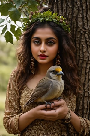  A beautiful indian woman, near a tree, holds a beautiful fluffy bird in her hands. The woman has a beautiful face, pale radiant skin, large emerald eyes, thick long eyelashes, makeup with an emphasis on the eyes. An outfit made of the texture of tree bark, brown hair intertwined with tree branches, earrings made of acorns, a green wreath of twigs and leaves. Photorealism, large 3d strokes, deep shadows, fantasy, delicate juicy colors, highlights, radiance, shine.