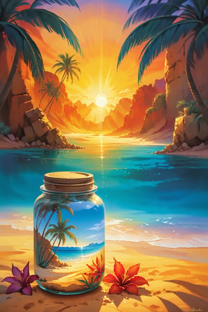 Desert oasis, palm trees casting long shadows in the golden sand, crystal clear water reflecting the vibrant colors of the sunset, exotic flowers blooming around, ancient ruins peeking through the palm leaves, tranquil and mystical atmosphere, painting style capturing the essence of oasis serenity.,painted world,in a jar