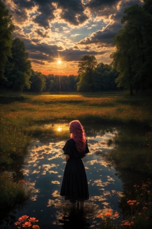 Best work, (Best quality, ,HDR, 8k, 32k, raw photo, photorealistic, UHD:1.2), beautiful 20 year old girl in long black dress at the lakeside in a forest, eyes, pink hair, detailed face, perfect face, pond, dark sky, lights in the background, realism, red sky, detailed sky, realistic clouds, sun, bright environment, late afternoon, sun rays in the clouds