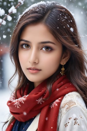 a young woman, cute, 21 years old,indian girl, staring into space, brown hair, brown eyes, red scarf, snowing, realistic, realistic skin texture,Indian Model,DonMM1y4XL