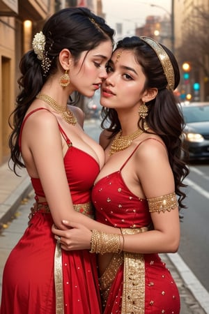 lovely  cute  young  attractive 2  indian  teenage  girls  in  a  sexy foreign dress,  23  years  old  ,  kissing, deep cleavage, red lipstick, multicolor hair, long messy hair, cute  ,  an  Instagram  model    ,  winter  ,  on the road  .  ,  „  Indian 