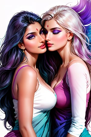 realistic, pencil Sketch of 2 beautiful  indian woman, 17 years old, kissing, couple, looking_at_viewer  , multicolor long hair, purple shades, disheveled alluring , ink drawing, illustrative art, soft lighting, detailed, more Flowing rhythm, elegant, low contrast, add soft blur with thin line, full pink lips, blue eyes, sexy  clothes , cleavage, big breasts, tummy, navel, Indian Model,DonMW15pXL