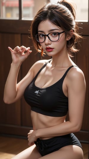 an athletic girl, SlightMuscle, yoga shorts, realistic, muscular beautiful girl, athlete, cinematic lighting, Yumi tsu, Live portrait photography, snapshot aesthetic, light black, looking at viewer, best hands, perfecteyes eyes, big thigh, triangle muscle, round glasses, 1girl with glasses, realistic, Analog style, 8mm film, chromatic aberration, Dvd screengrab, 80s movie, cinematic lighting, Yumi tsu, Live portrait photography, Contemporary photography, snapshot aesthetic, light black, chinapunk, slender, karencore, high details, realsitic shadow, in motion, realistic, glasses, looking at viewer, lips, good hands, best hands, perfecteyes eyes,TENSTAR
