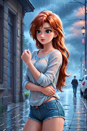 A 22-year-old redhead Indian girl, dressed in a white blouse with an open neckline and denim shorts, stands confidently on the rain-soaked streets of Moscow during a dramatic sunset. The warm orange hues of the sky contrast with the gray-blue rain clouds, creating a moody atmosphere. Her gaze is directed forward, her long hair blowing gently in the wind as she wears no umbrella, embracing the elements. The street's wet pavement glistens, reflecting the vibrant colors of the scene.