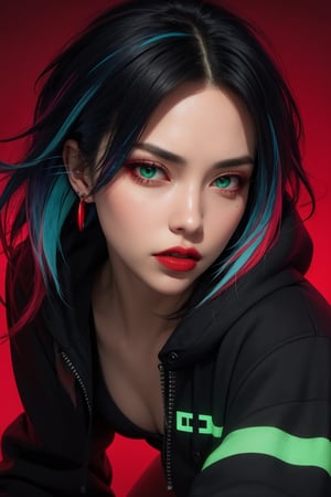 1 Girl, Angry Veins, Black Eyes, black hair, (highlights hair, blue streaked hair), green Eyes, Buttons, Ear Piercings, Cyberpunk Hoodie, Jewelry, Lips, Lipstick, Looking at Viewer, Colorful Hair, Red Lips, Simple Background, Solo, (Portrait, From the Thigh Up, Dynamic Angle: 1.2), Neon Lights, (Red Theme: 1.2), Dark Theme,sexy,latexsuit,d4sh4,@lekg_girl