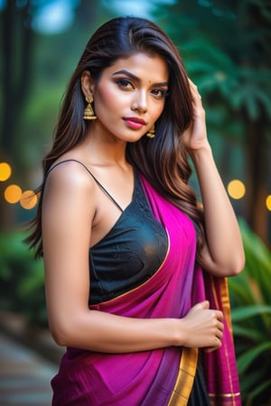 23 years woman in garden, evening, raining, hot,  sexy,  indian,  model,  Instagram model,  influencer,  haply face,  sharp jawline,  baby pink lips,  cute looking,  catty eyes,  black velvet dress,  best quality,  masterpiece,  beautiful and aesthetic,  16K,  (HDR:1.4),  high contrast,  bokeh:1.2,  lens flare,  (vibrant color:1.4),  (muted colors,  dim colors,  soothing tones:0),  black eyes,  Exquisite details and textures,  cinematic shot,  Warm tone,  (Bright and intense:1.2),  wide shot,  by playai,  ultra realistic illustration,  siena natural ratio,  hyper realistic,  saree,  Full length view,  Straight brown hair with blunt bangs,  brown	a Sheer Sarong Wrap,  a beautiful indian girl,  Pale skin,  icy eyeshadow,  gold necklace,  breast size 38,  Weast size 30, butts size 36 femme fatale