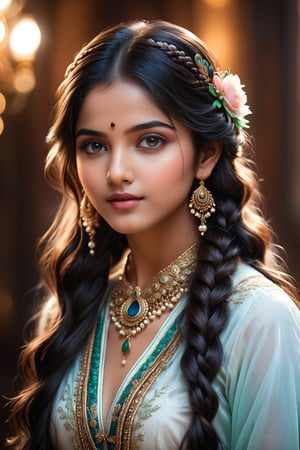 A breathtakingly beautiful 18-year-old girl named Anikha, who is the epitome of elegance and charm. She stands out as the central focus of this ultra-detailed, 8K resolution masterpiece with a perfect score of 9 and a UHD rating of 1.3. Her delicate facial features are captured with a stunning realism that's amplified by a majestic score of 1.5, making her appear as if she's stepped out of a high-definition dream. Her skin glows with a soft blush, perfectly accentuating her detailed, natural beauty. Her eyes, a rich brown, are filled with a blissful vibe, reflecting the cinematic lighting that surrounds her. They are so realistic and sharp that they seem to hold secrets of the universe within them. The exquisite twin braids of her long, shining hair are adorned with a hair ornament that adds an extra touch of elegance to her already flawless look. The background, a canvas of blurred perfection with a score of 1.7 for background blur, showcases an intricate peacock feather design that complements the overall aesthetic without overwhelming the main subject.