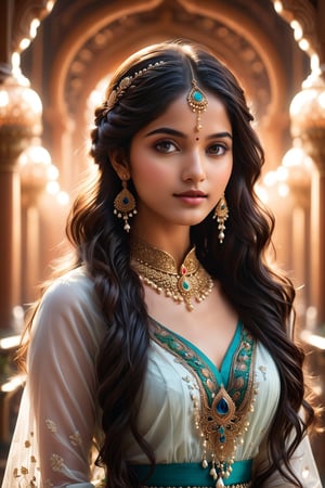 A breathtakingly beautiful 18-year-old girl named Anikha, who is the epitome of elegance and charm. She stands out as the central focus of this ultra-detailed, 8K resolution masterpiece with a perfect score of 9 and a UHD rating of 1.3. Her delicate facial features are captured with a stunning realism that's amplified by a majestic score of 1.5, making her appear as if she's stepped out of a high-definition dream. Her skin glows with a soft blush, perfectly accentuating her detailed, natural beauty. Her eyes, a rich brown, are filled with a blissful vibe, reflecting the cinematic lighting that surrounds her. They are so realistic and sharp that they seem to hold secrets of the universe within them. The exquisite twin braids of her long, shining hair are adorned with a hair ornament that adds an extra touch of elegance to her already flawless look. The background, a canvas of blurred perfection with a score of 1.7 for background blur, showcases an intricate peacock feather design that complements the overall aesthetic without overwhelming the main subject.