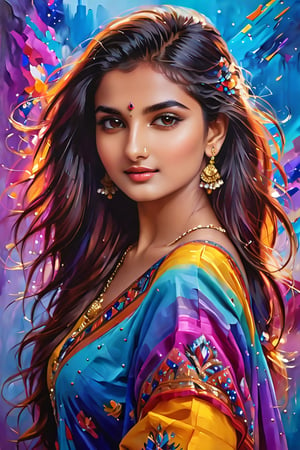 An enchanting 8K oil painting masterpiece, (A vibrant and youthful woman, 18 years old, her hair artfully tousled:1.3), Exquisitely portraying her perfect face with soft, flawless skin, adorned with a delightful blend of blue, yellow, light purple, and violet hues, accentuated with hints of light red, (An intricate celebration of beauty:1.3), Every detail meticulously crafted in a mesmerizing display of colors, resembling a stunning splash screen, (An 8K resolution masterpiece that captivates the eye:1.3), A cute face brought to life in the realm of art, destined to grace ArtStation's digital painting hall of fame, (A smooth and artistic portrayal that defies convention:1.3),Indian Model