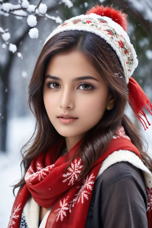 a young woman, cute, 21 years old,indian girl, staring into space, brown hair, brown eyes, red scarf, snowing, realistic, realistic skin texture,Indian Model,DonMM1y4XL
