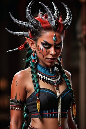 (best quality,8K,highres,masterpiece, full body shot), ultra-detailed, (girl with an unusual hairstyle made of braids and feathers), a girl with an extraordinary hairstyle composed of intricate braids interwoven with feathers. Her hair is styled with meticulous detail, showcasing the complexity and creativity of the braids and the delicate texture of the feathers. The overall composition highlights her unique and striking appearance, with a focus on the detailed craftsmanship of her hairstyle. The vibrant colors of the feathers add an element of whimsy and elegance, enhancing the overall visual impact of the image, Indian beauty,more detail XL