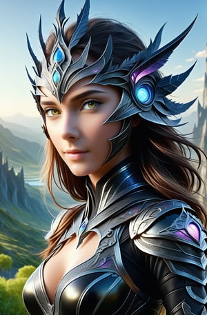 ultra realistic, best quality, cinematic, ultra detailed picture of beautiful female wearing an intricate form-fitting black leather armour and matching crown, ((boobs exposed)) perfect boobs, smiling, mountain landscape with a distant elvish city, outdoors, sharp focus, work of beauty and complexity invoking a sense of magic and fantasy, 8k UHD, colorful aura, glowing, upper body, very small breasts, looking at viewer, (((smooth lips, closeup))),Insta Model,style,DonMW15pXL