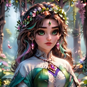  A beautiful indian woman, near a tree, holds a beautiful fluffy bird in her hands. The woman has a beautiful face, pale radiant skin, large emerald eyes, thick long eyelashes, makeup with an emphasis on the eyes. An outfit made of the texture of tree bark, brown hair intertwined with tree branches, earrings made of acorns, a green wreath of twigs and leaves. Photorealism, large 3d strokes, deep shadows, fantasy, delicate juicy colors, highlights, radiance, shine.