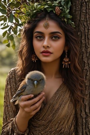  A beautiful indian woman, near a tree, holds a beautiful fluffy bird in her hands. The woman has a beautiful face, pale radiant skin, large emerald eyes, thick long eyelashes, makeup with an emphasis on the eyes. An outfit made of the texture of tree bark, brown hair intertwined with tree branches, earrings made of acorns, a green wreath of twigs and leaves. Photorealism, large 3d strokes, deep shadows, fantasy, delicate juicy colors, highlights, radiance, shine.