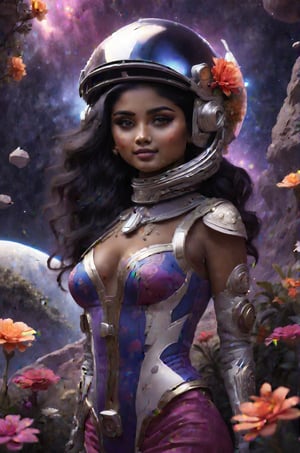 an Indian girl wearing sexy indian dress is standing in the middle of a field full of flowers and space rocks with his helmet on,outer space