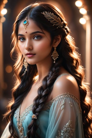 A breathtakingly beautiful 18-year-old girl named Anikha, who is the epitome of elegance and charm. She stands out as the central focus of this ultra-detailed, 8K resolution masterpiece with a perfect score of 9 and a UHD rating of 1.3. Her delicate facial features are captured with a stunning realism that's amplified by a majestic score of 1.5, making her appear as if she's stepped out of a high-definition dream. Her skin glows with a soft blush, perfectly accentuating her detailed, natural beauty. Her eyes, a rich brown, are filled with a blissful vibe, reflecting the cinematic lighting that surrounds her. They are so realistic and sharp that they seem to hold secrets of the universe within them. The exquisite twin braids of her long, shining hair are adorned with a hair ornament that adds an extra touch of elegance to her already flawless look. The background, a canvas of blurred perfection with a score of 1.7 for background blur, showcases an intricate peacock feather design that complements the overall aesthetic without overwhelming the main subject.