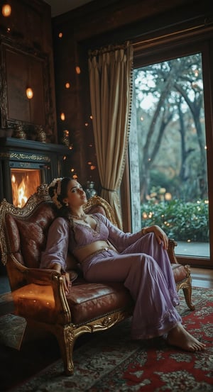 highly detailed cinematic photo , close up stunning woman arabian princess with asian mixed features relaxing in a luxurious chamber filled with opulent furnishings. The room has rich, dark wood paneling, a marble fireplace, and an ornate rug covering the polished floor. The princess, clad in a soft translucent lavender crop top and harem pants with delicate lace details, lounges on a huge golden-framed settee, Delicate drapes frame the windows, and a serene landscape is visible outside, adding to the tranquil atmosphere fiery light, contrasting against the dark, eerie atmosphere of the forest. The background is a soft blur of warm, glowing bokeh lights, creating a dreamy and ethereal atmosphere. The overall color palette is rich with deep blues, golds, and subtle hints of green, enhancing the mystical and elegant style of the artwork.Embers float in the air, creating a mystical and intense atmosphere, anime, cyberpunk, mythp0rt"