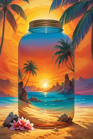 Desert oasis, palm trees casting long shadows in the golden sand, crystal clear water reflecting the vibrant colors of the sunset, exotic flowers blooming around, ancient ruins peeking through the palm leaves, tranquil and mystical atmosphere, painting style capturing the essence of oasis serenity.,painted world,in a jar,
 Sexy Indian Girl in side jar,